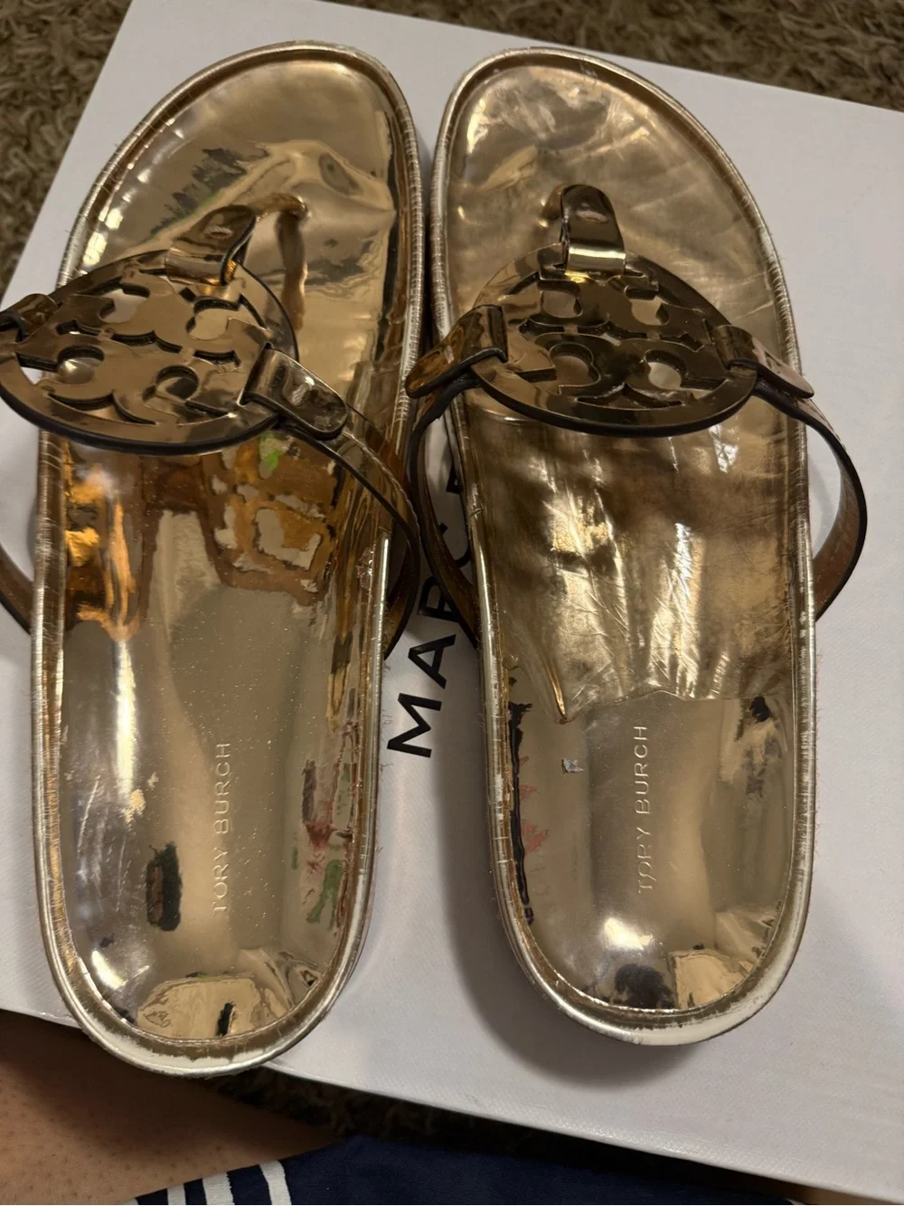 Tory Burch Rose Gold Logo Thong Sandals